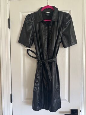 DKNY Black Faux Leather Midi Spring Shirt Dress